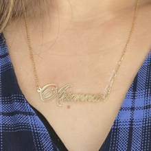 Load image into Gallery viewer, High Polish Cursive Font Personalized Name Necklace with Open Heart and Rolo Chain