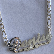 Load image into Gallery viewer, High Polish Half Cut Cursive Font Personalized Name Necklace with Figaro Chain