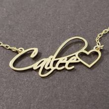 Load image into Gallery viewer, High Polish Fancy Cursive Font Personalized Name Necklace with Open Heart and Rolo Chain