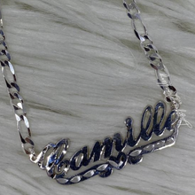 Load image into Gallery viewer, High Polish Half Cut Cursive Font Personalized Name Necklace with Figaro Chain