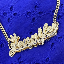 Load image into Gallery viewer, Double Stacked Diamond Cut Cursive Font Personalized Name Necklace with Crown and Puffed Miami Cuban Chain
