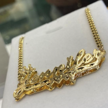 Load image into Gallery viewer, Double Stacked Diamond Cut Cursive Font Personalized Name Necklace with Crown and Puffed Miami Cuban Chain