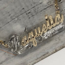 Load image into Gallery viewer, Two Tone Diamond Cut and Hand Engraved Cursive Font Personalized Name Necklace with Rolo Chain