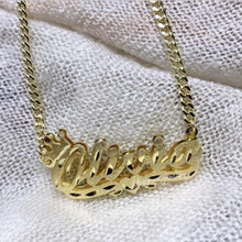 Load image into Gallery viewer, Double Stacked Diamond Cut Cursive Font Personalized Name Necklace with Crown and Puffed Miami Cuban Chain
