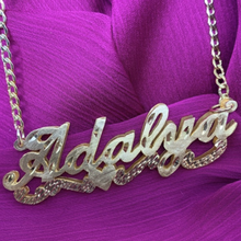 Load image into Gallery viewer, XXL Oversized Double Stacked Diamond Cut Cursive Font Personalized Name Necklace withOpen Curb Chain