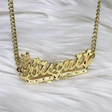 Load image into Gallery viewer, Double Stacked Diamond Cut Cursive Font Personalized Name Necklace with Crown and Puffed Miami Cuban Chain