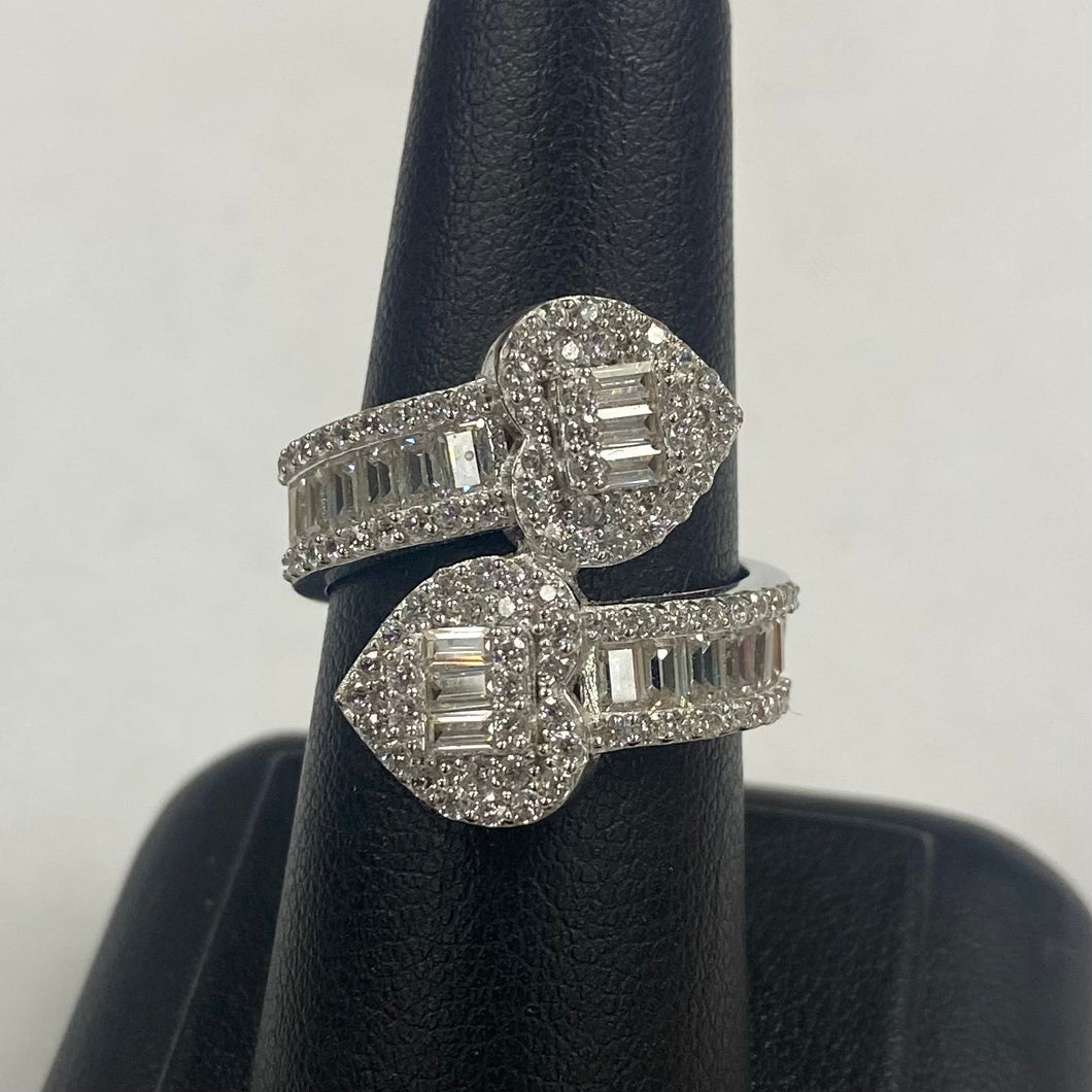 10K White Gold CZ Double Heart Crossover Ring