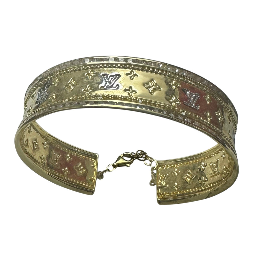 10K Two Tone Gold CZ Cuff Bangle