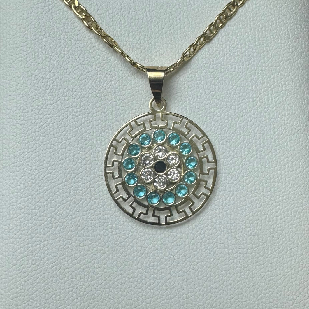 10K Gold Greek Key Crystal Evil Eye Pendant
