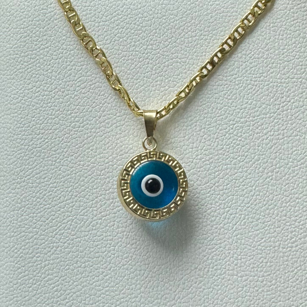 10K Gold Greek Key Evil Eye Pendant