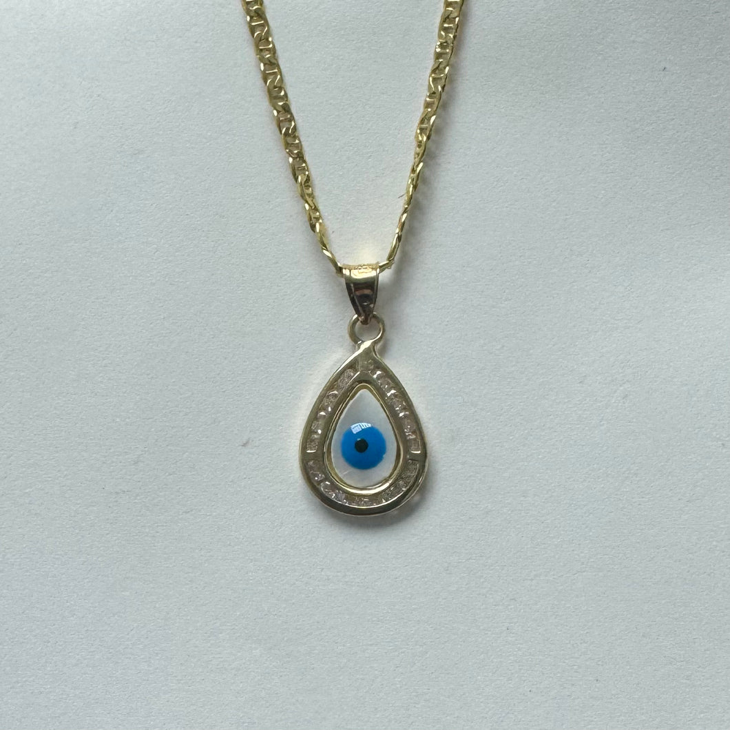 10K Gold CZ Tear Drop Evil Eye Pendant