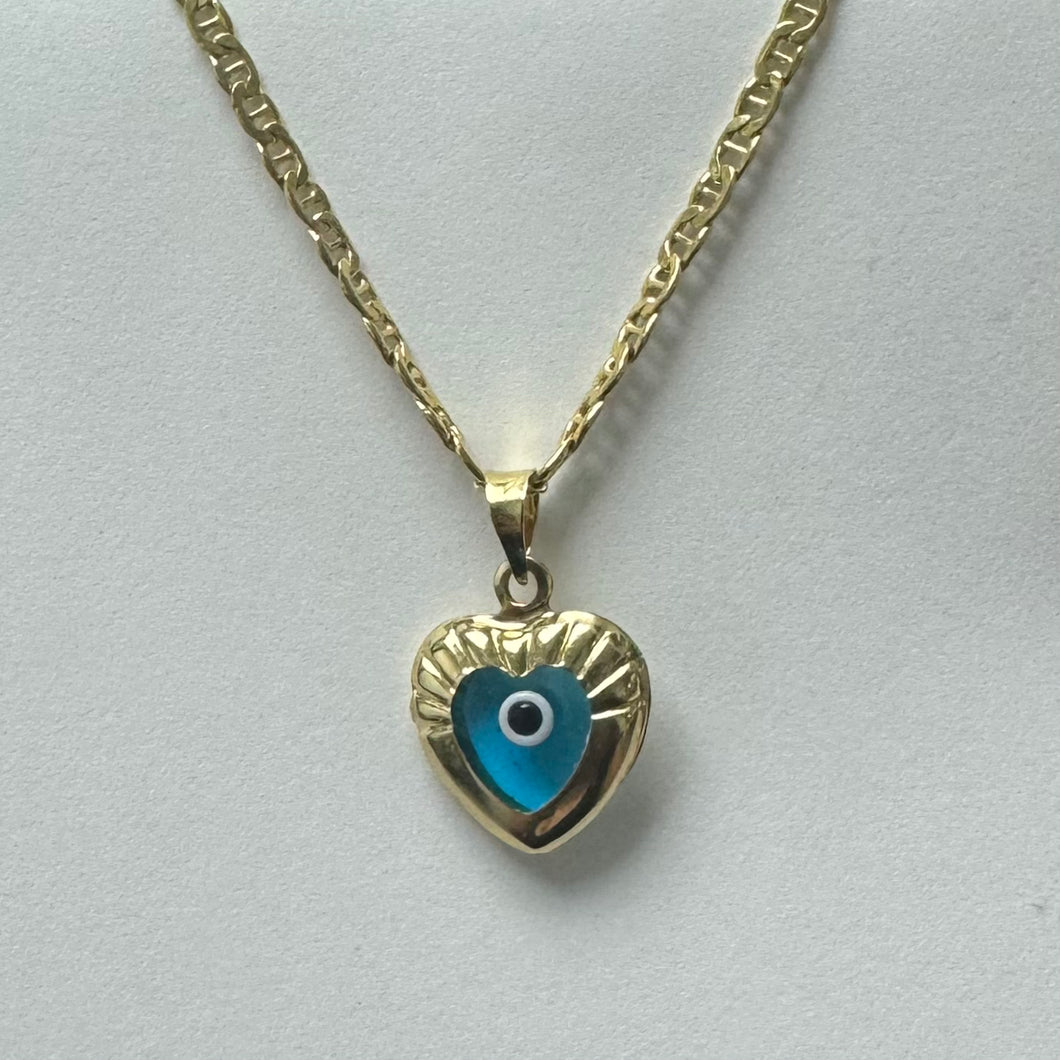 10K Gold Puffed Heart Evil Eye Pendant