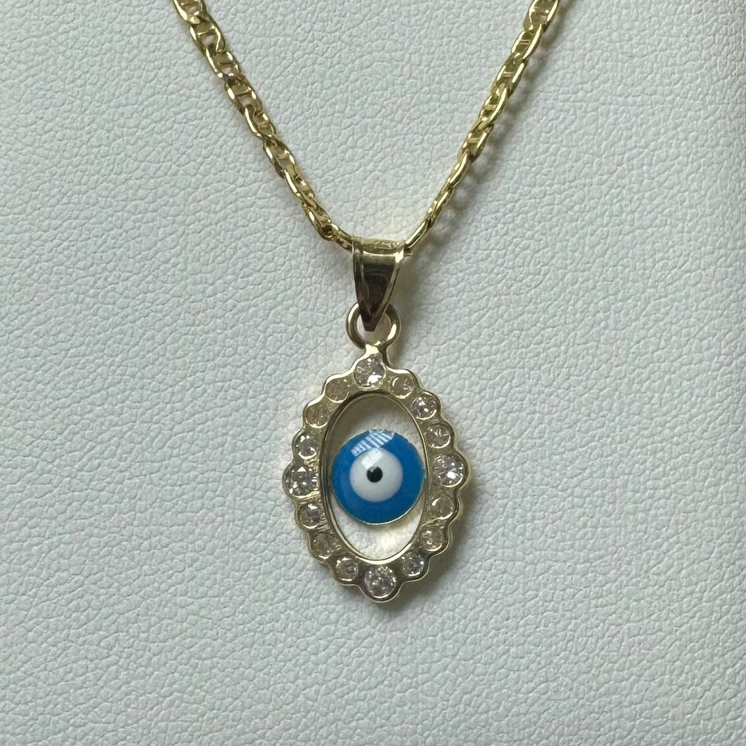 10K Gold CZ Halo Evil Eye Pendant
