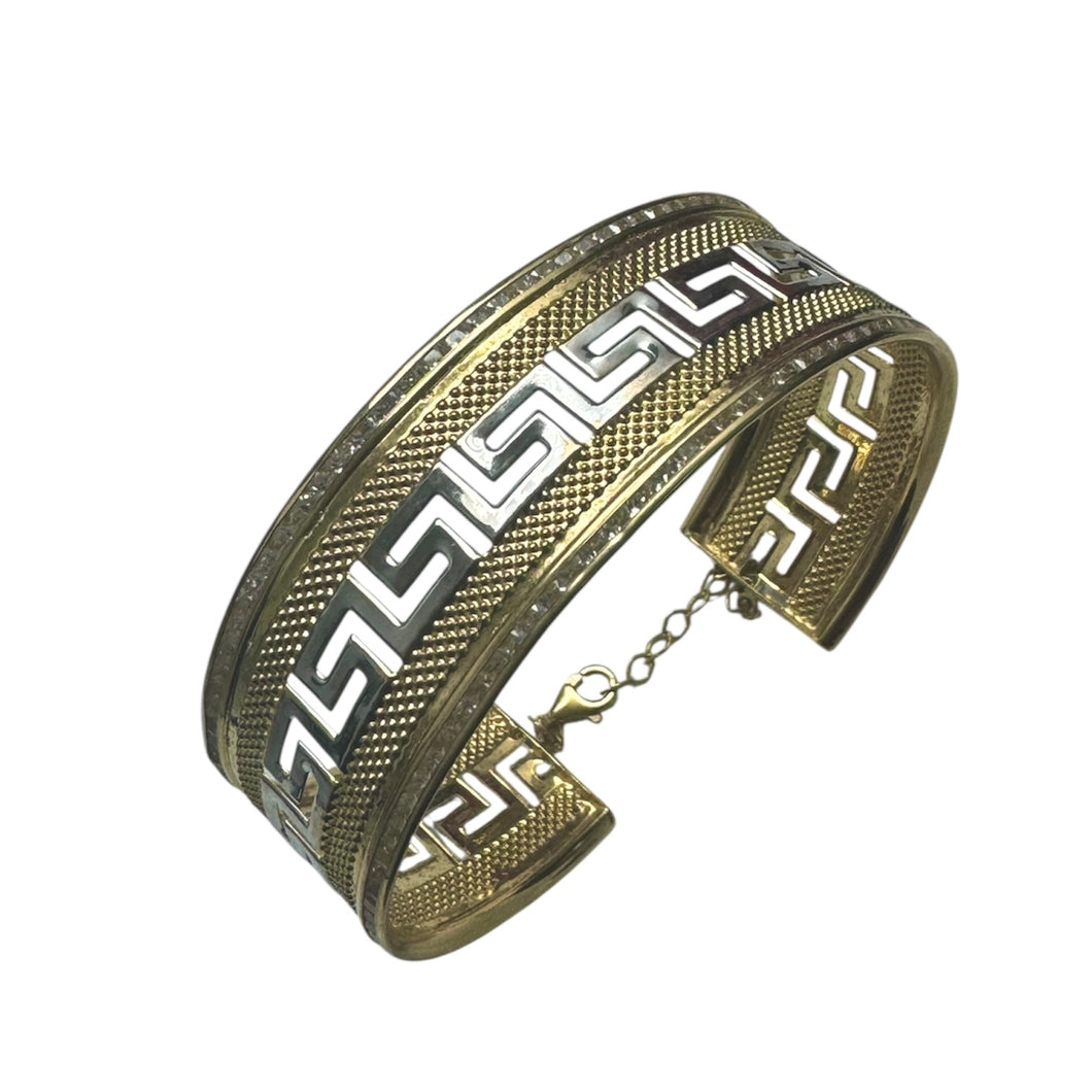 10K Two Tone Gold CZ Greek Key Link Bangle