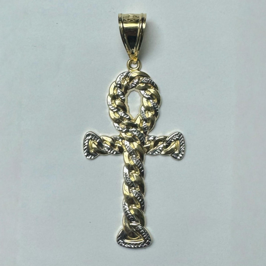 10K Two Tone Gold Diamond Cut Ankh Pendant
