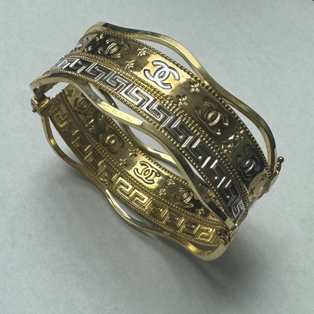 10K Two Tone Gold Greek Key Star Bangle