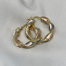 Load image into Gallery viewer, Tri-colour 10K gold twisted hoop earrings
