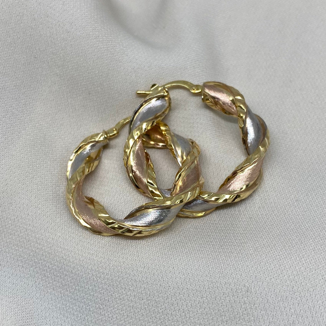 Tri-colour 10K gold twisted hoop earrings