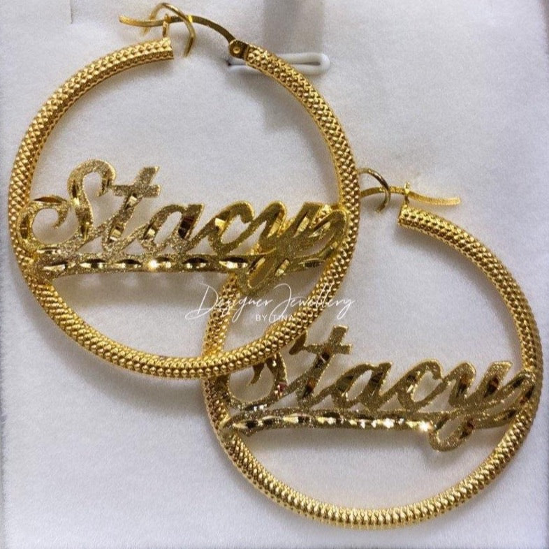10K Yellow Gold Diamond Cut Personalized Name Earrings