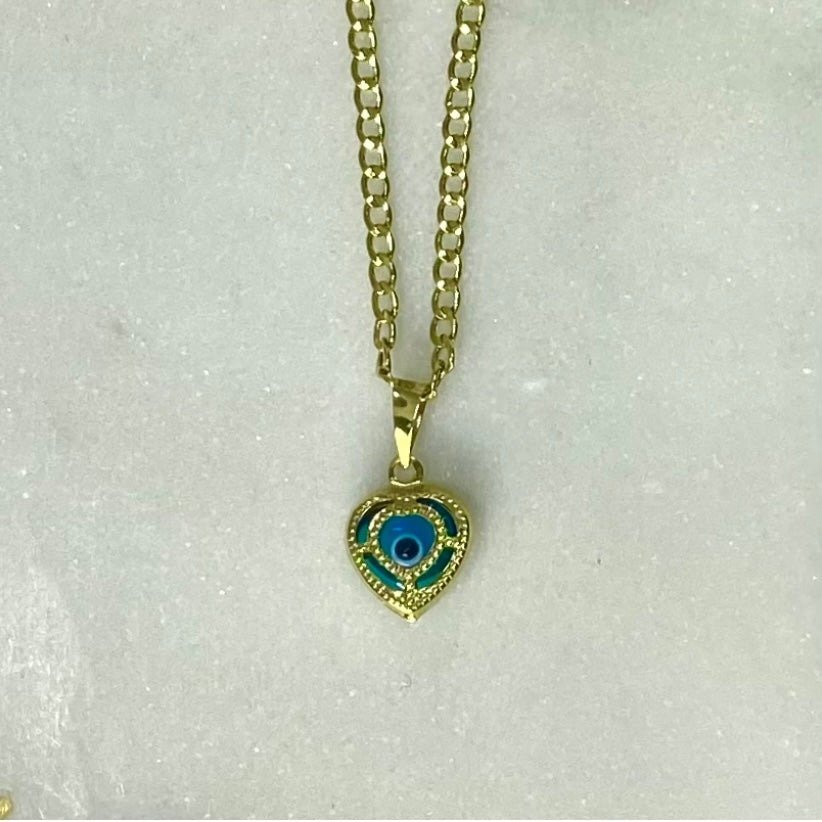 10K Gold Blue Heart Evil Eye Charm/Bracelet/Necklace