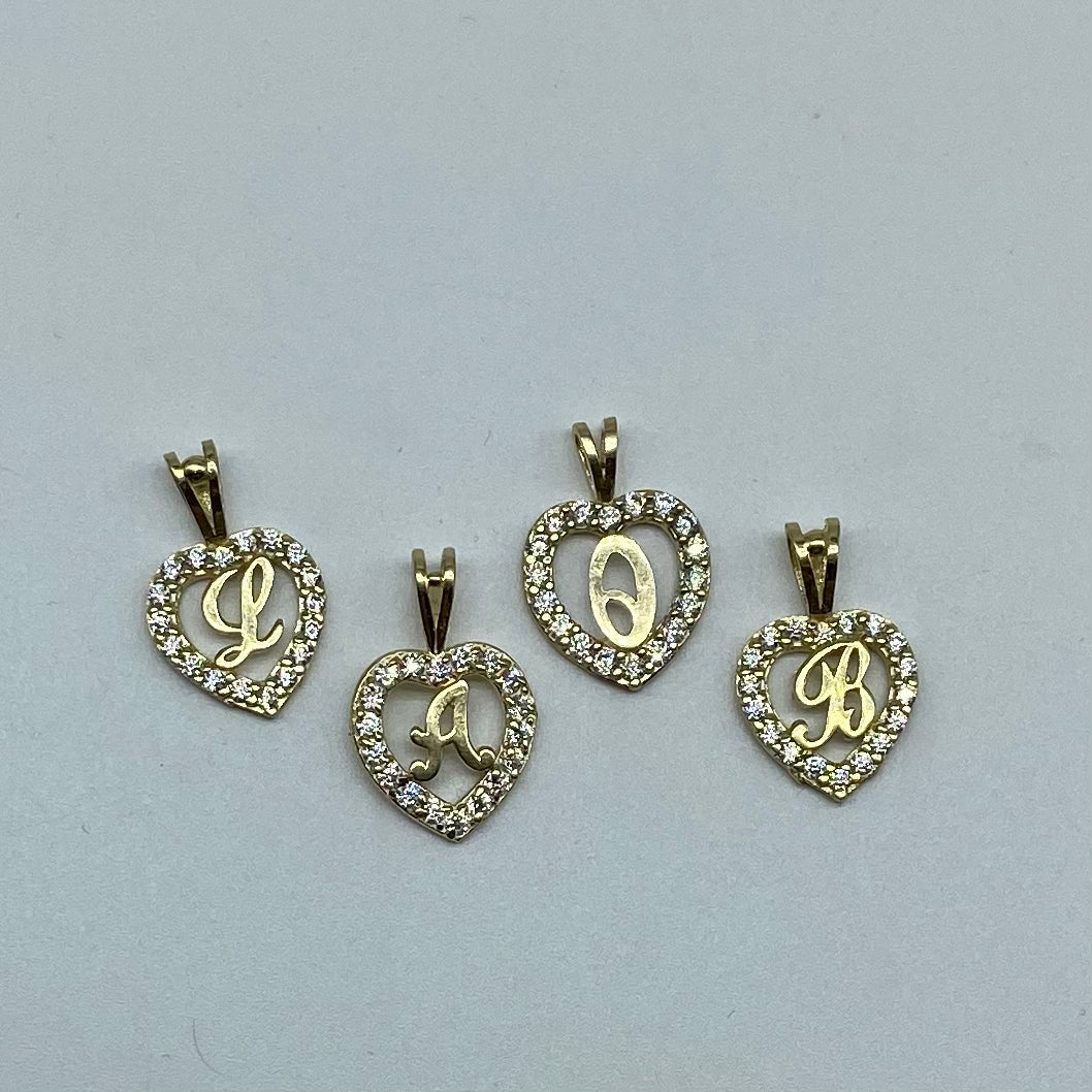 10K Gold CZ Heart Initial Charm Pendants