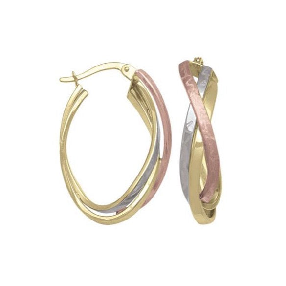 10K Gold Tri-Colour Fancy Oval Hoop Earrings