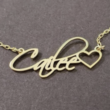 Load image into Gallery viewer, High Polish Fancy Cursive Font Personalized Name Necklace with Open Heart and Rolo Chain
