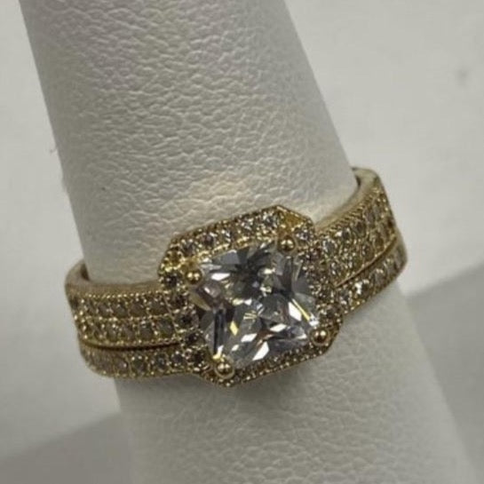 10K Gold Princess Cut Cubic Zirconia Halo Bridal Ring