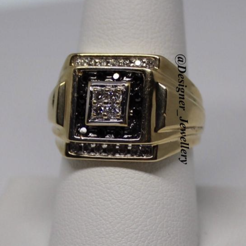 Mens 14K gold white and black diamond signet ring