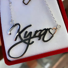 Load image into Gallery viewer, High Polish Fancy Cursive Font Personalized Name Necklace with Open Heart and Rolo Chain
