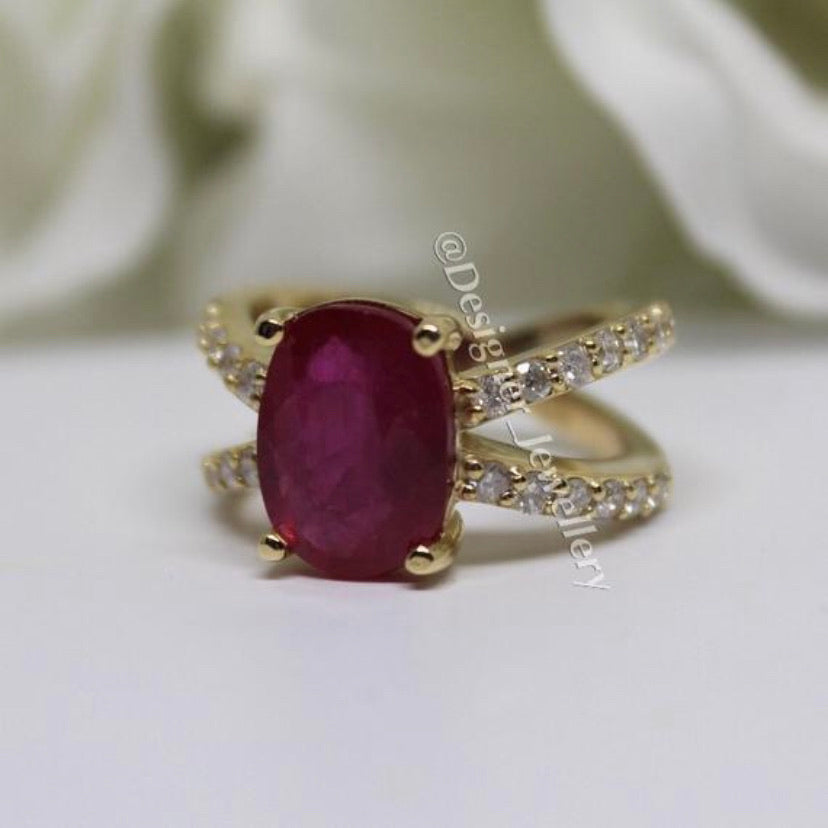 14K Gold Diamond and Ruby Criss Cross Ring