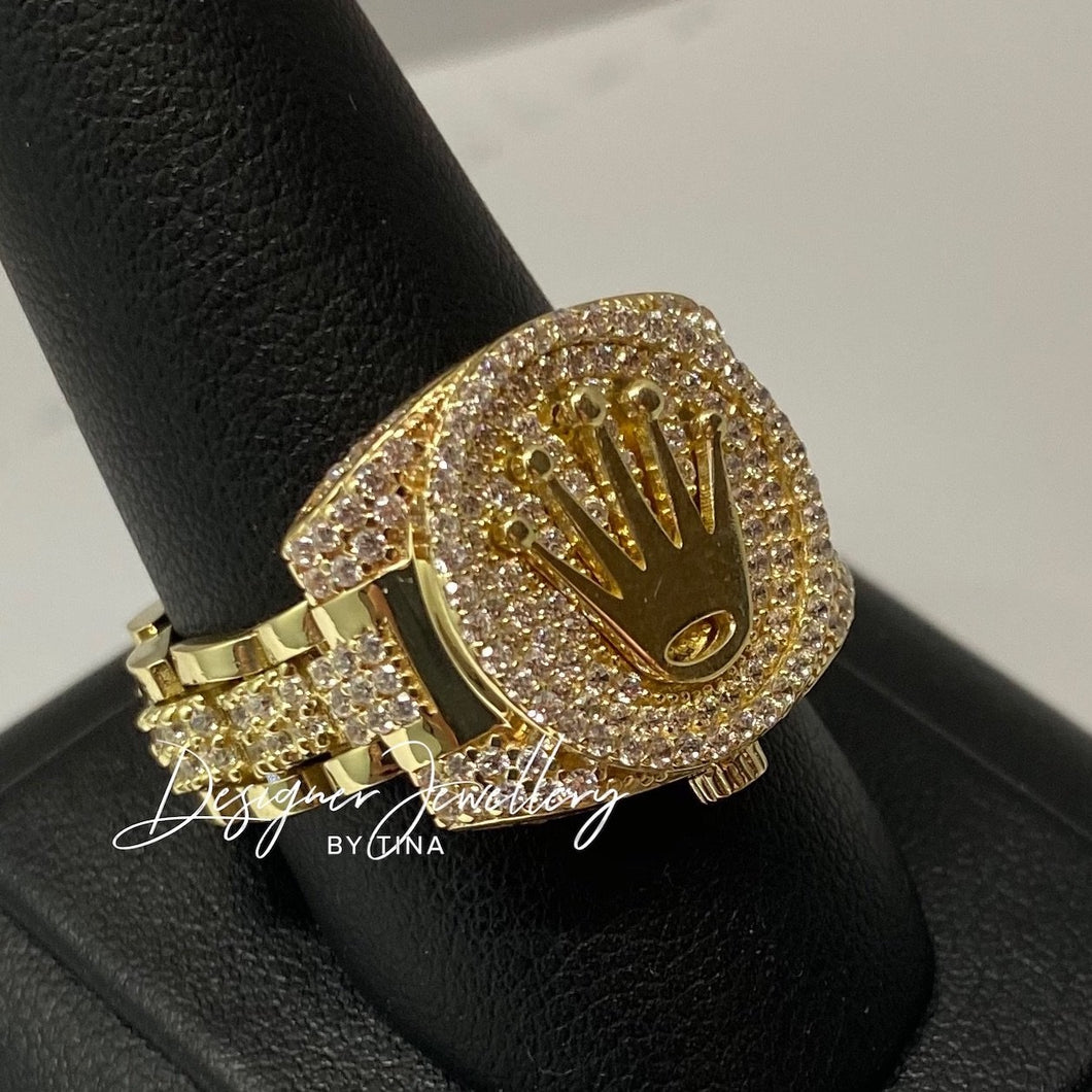 Mens 10K Gold Watch Band Crown Ring