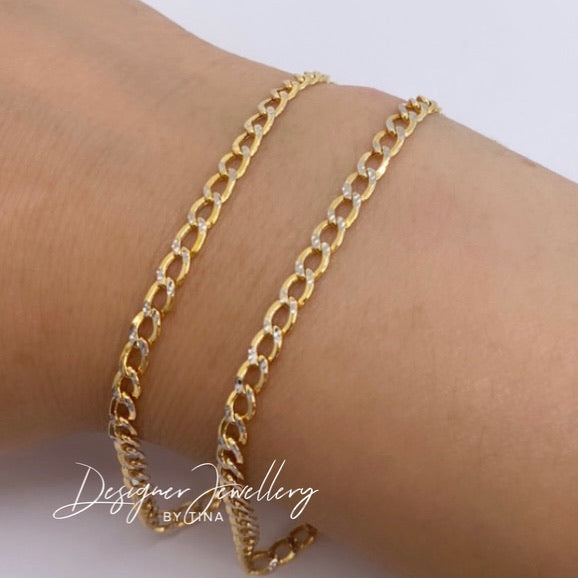 10K Gold 4mm Two Tone Curb Link Bracelet/Anklet/Chain