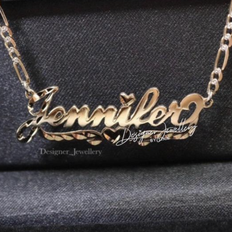 Diamond Cut Cursive Font Personalized Name Necklace with Two Tone Figaro Chain