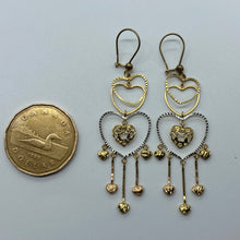 Load image into Gallery viewer, Ladies 10K Gold Tri-Colour Dangling Heart Earrings
