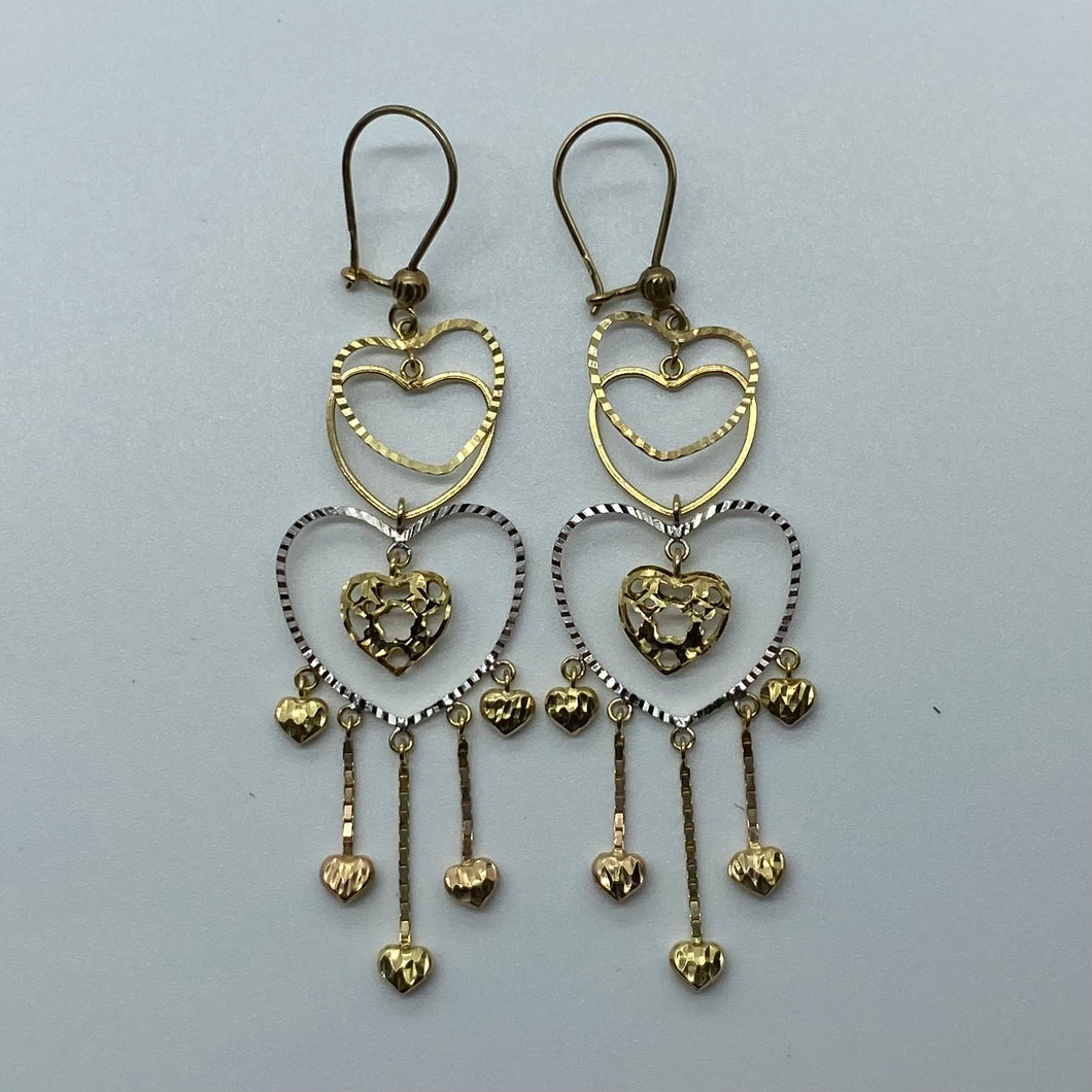 Ladies 10K Gold Tri-Colour Dangling Heart Earrings