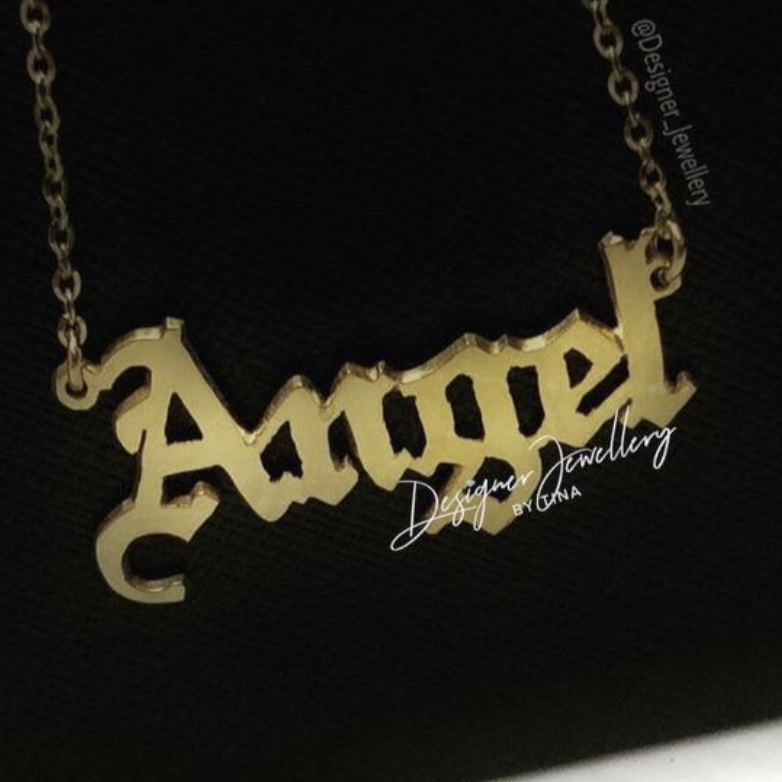 High polish Old English Font Personalized Name Necklace with Rolo Chain
