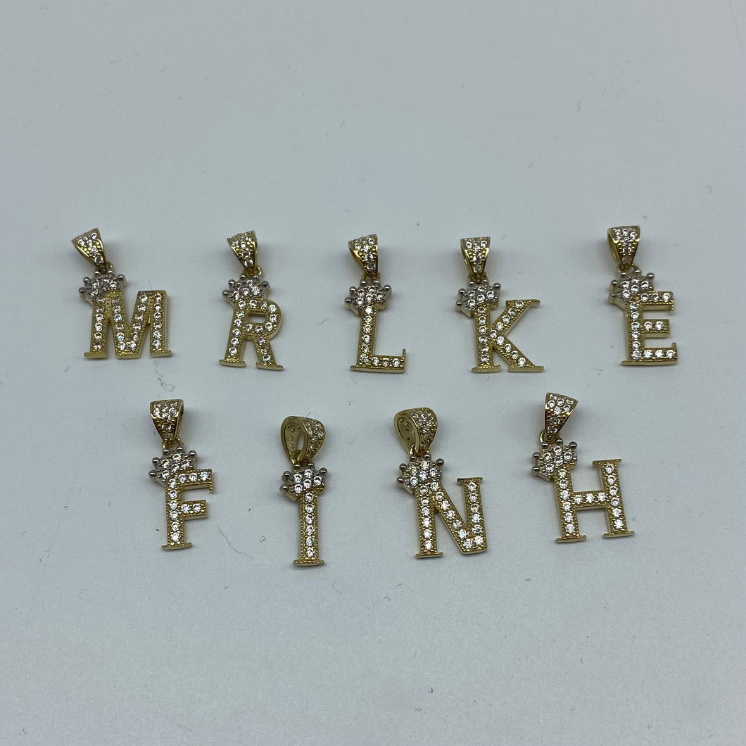 10K Gold Micro Crown Initial Charm Pendants