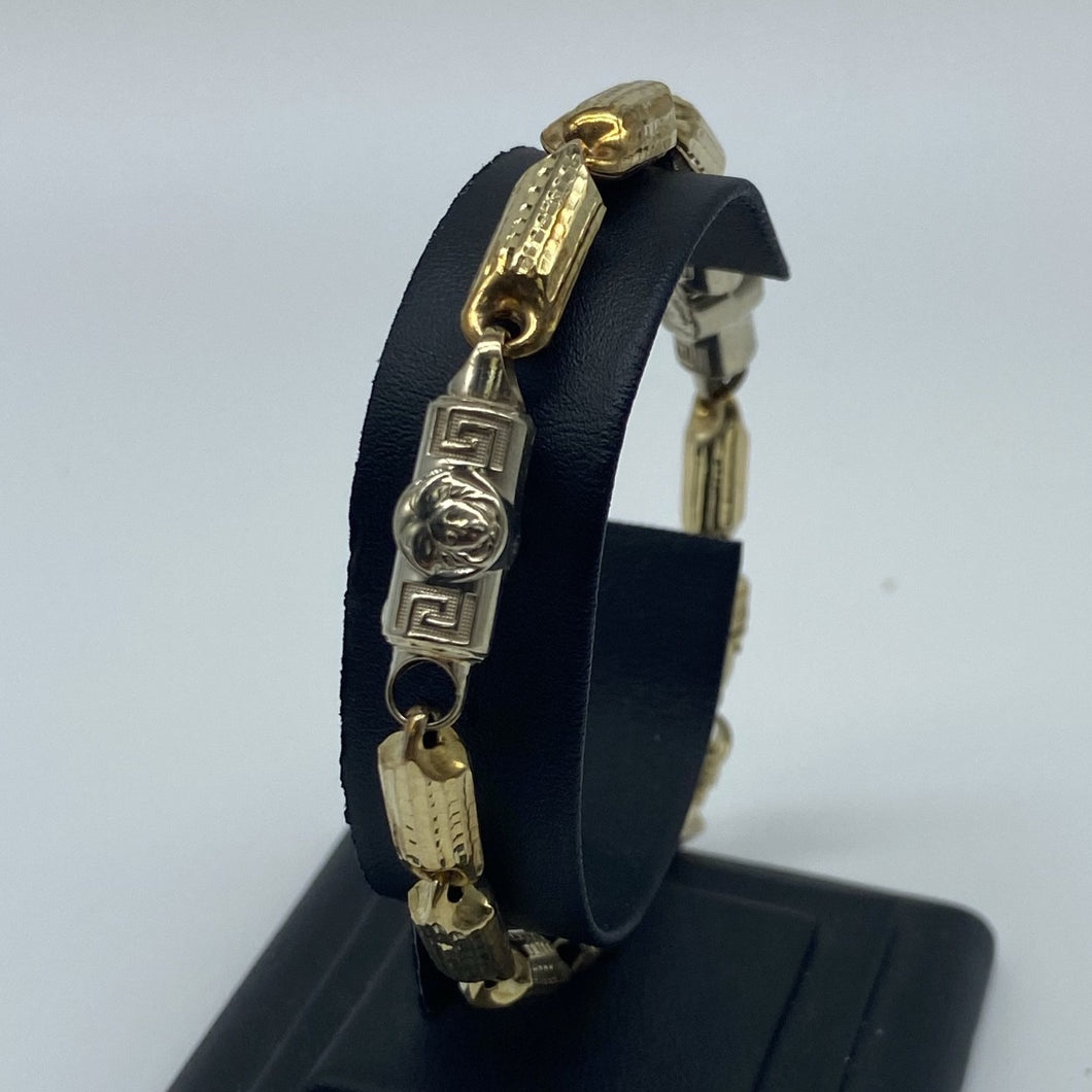 Mens 10K Two Tone Gold Medusa Bullet Link Bracelet