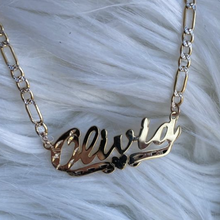 Load image into Gallery viewer, Diamond Cut Cursive Font Personalized Name Necklace with Two Tone Figaro Chain
