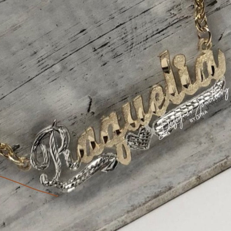 Two Tone Diamond Cut and Hand Engraved Cursive Font Personalized Name Necklace with Rolo Chain