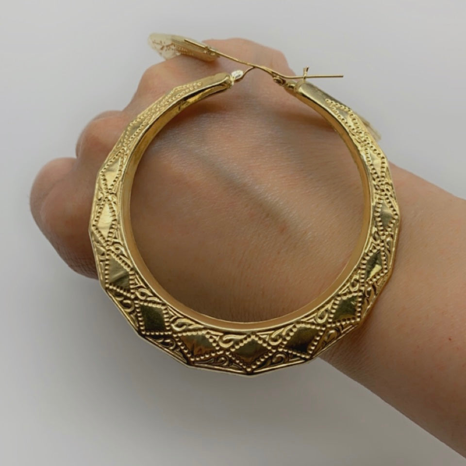 Oversized 10K Gold Criss Cross Bamboo Hoop Earrings