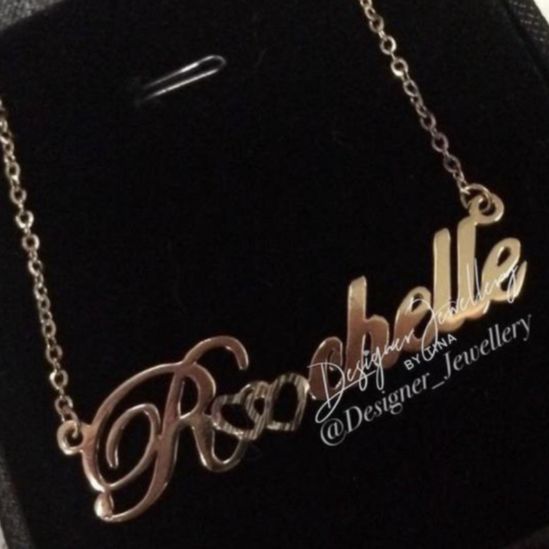 High Polish Cursive Font Personalized Name Necklace with Diamond Cut Open Heart and Rolo Chain