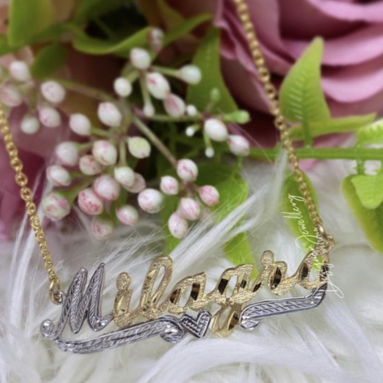 Two Tone Diamond Cut and Hand Engraved Cursive Font Personalized Name Necklace with Rolo Chain