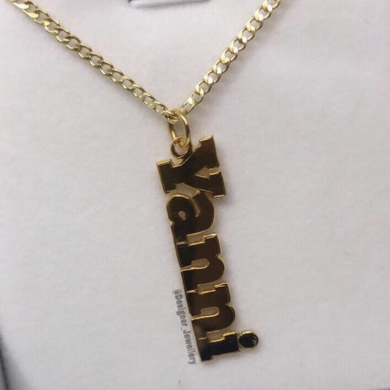 High Polish Vertical Print Font Personalized Name Necklace with Miami Cuban Chain