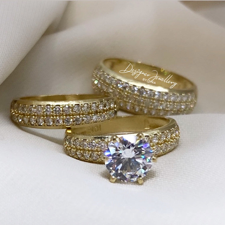 10K Yellow Gold Cubic Zirconia Three Piece Couple Bridal Set